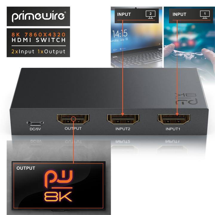 Actual product image Primewire 2-port HDMI 2.1 switch, 8K switch, 2 in 1 Out UHD, splitter with remote control, UHD 8k 4k 60 Hz