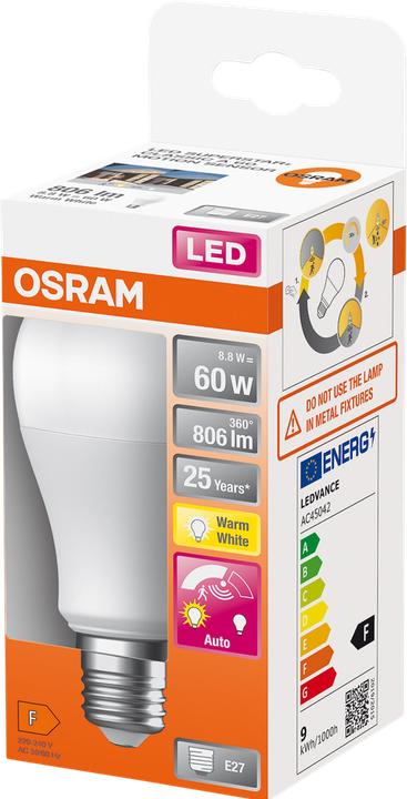 Produktbild Osram 4099854040092 LED EEK F (A - G) E27 8.8 W = 60 W Warmweiss (Ø x H) 60 mm x (E27, 8.80 W, 806 lm, 1 x, F)