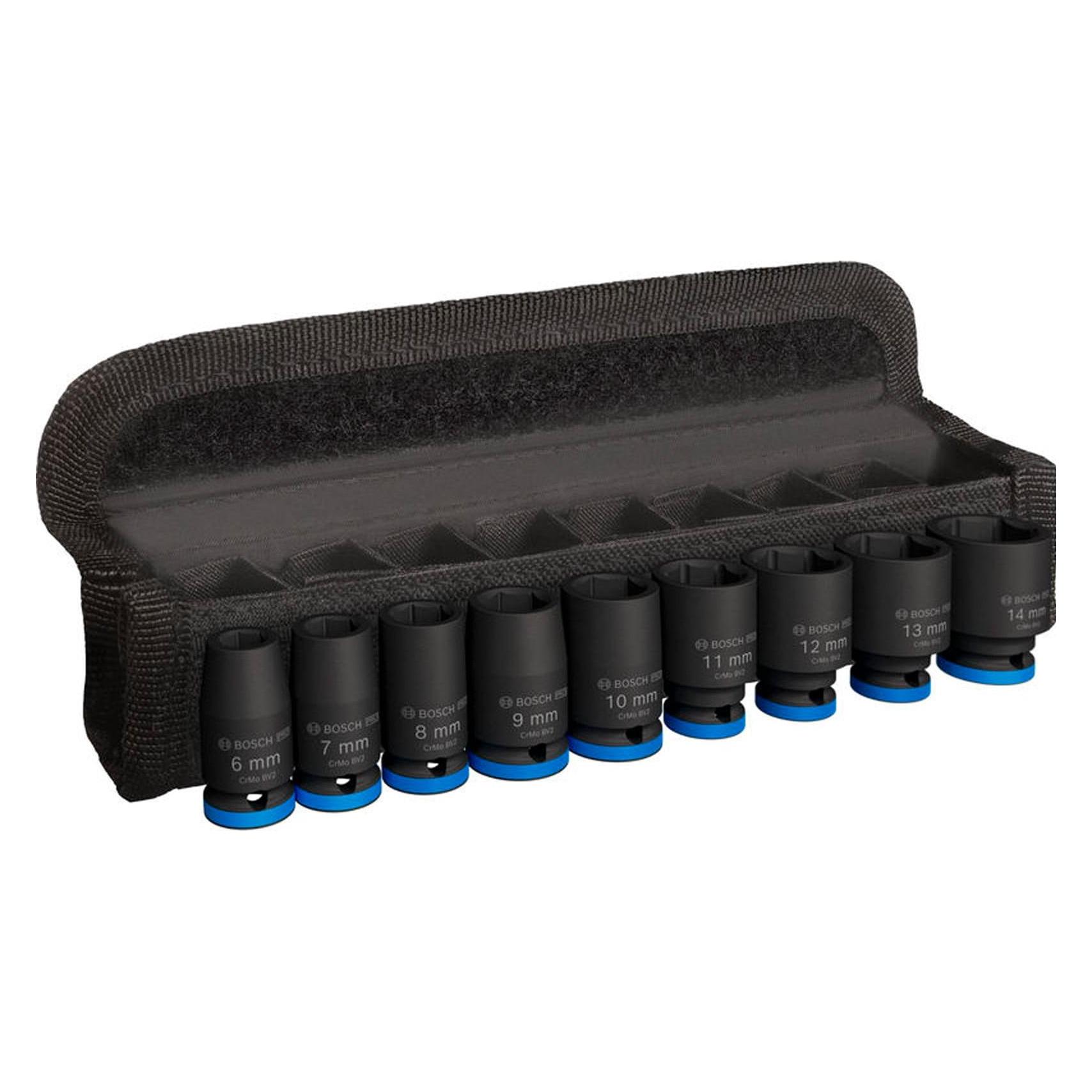 Bosch Professional Zubehör, Dopsleutel + Dopmoer, Pro Slagmoerdoppenset, 1/4", Standaard, 9 Stuks.
