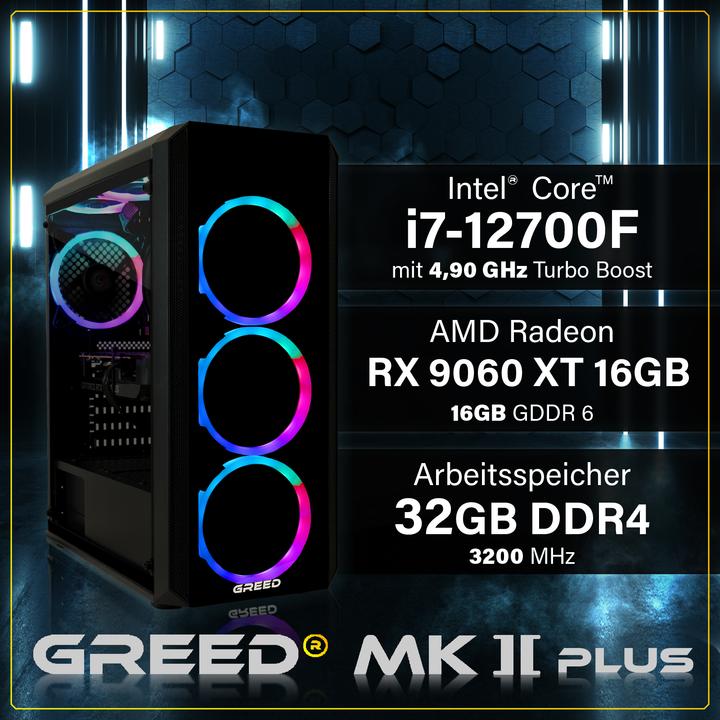 Produktbild Greed MK2 INTEL PLUS - Gaming PC - RX 9060XT (1000 GB, 32 GB, Intel Core i7-12700F, Radeon RX 9060 XT)