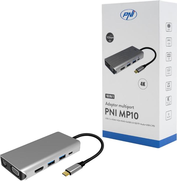 Produktbild PNI Multiport-Adapter MP10 USB-C auf HDMI, VGA, 3 x USB 3.0, SD/TF, RJ45, Audio 3.5, USB-C PD, 10 Au (USB-C)