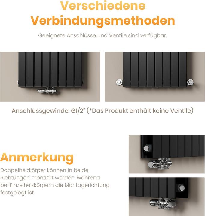 Produktbild Emke Heizkörper, Flachheizkörper mit Zentralanschluss, Schwarz 160x30cm 889W Doppellagig (889 W)