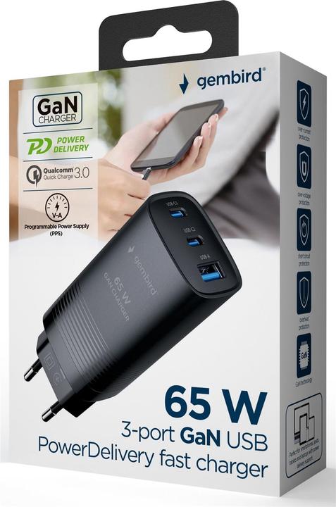 Actual product image Gembird Power Delivery Charger 1xA 2xC GaN Black (65 W, 3 ports)
