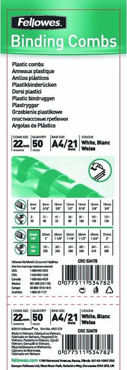 Produktbild Fellowes Binderücken 22mm, 21 Ringe, schwarz, 50 Stk.