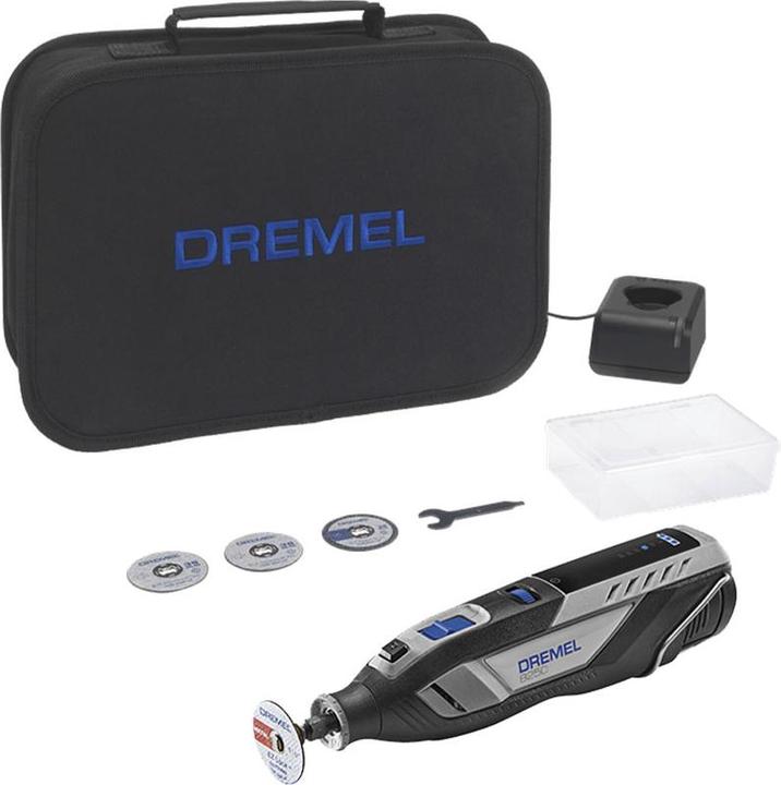Dremel 8250, Charger GAL12V-20, 5-piece accessory set incl. EZ SpeedClic mandrel, Spanner for tightening the attachment tips, 1x rechargeable battery 12V 2Ah B12V20-01, Carrying bag, Manual