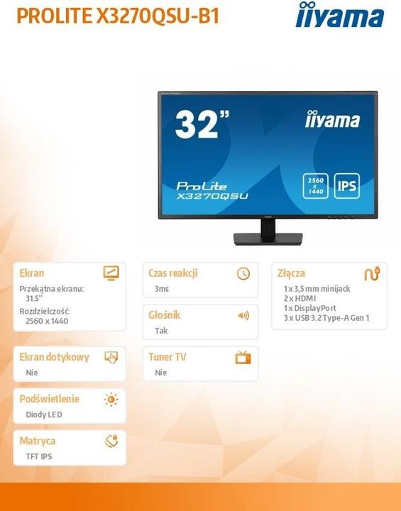 Produktbild iiyama 31.5IN IPS PANEL 2560X1440 100HZ 3MS 250CDM2 1200:1 TYPICAL (2560 x 1440 Pixel, 32")
