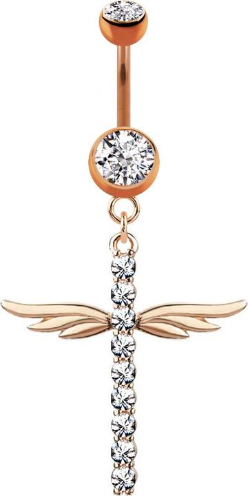 Image du produit Star Piercing Banane rose doré avec pendentif croix avec ailes et cristaux (Laiton, Acier chirurgical 316L)