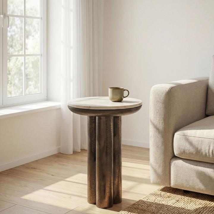 Produktbild FineBuy Beistelltisch 36cm mit Marmor Platte weiss Wohnzimmertisch Couchtisch Metall Rund (36 x 36 x 48 cm)