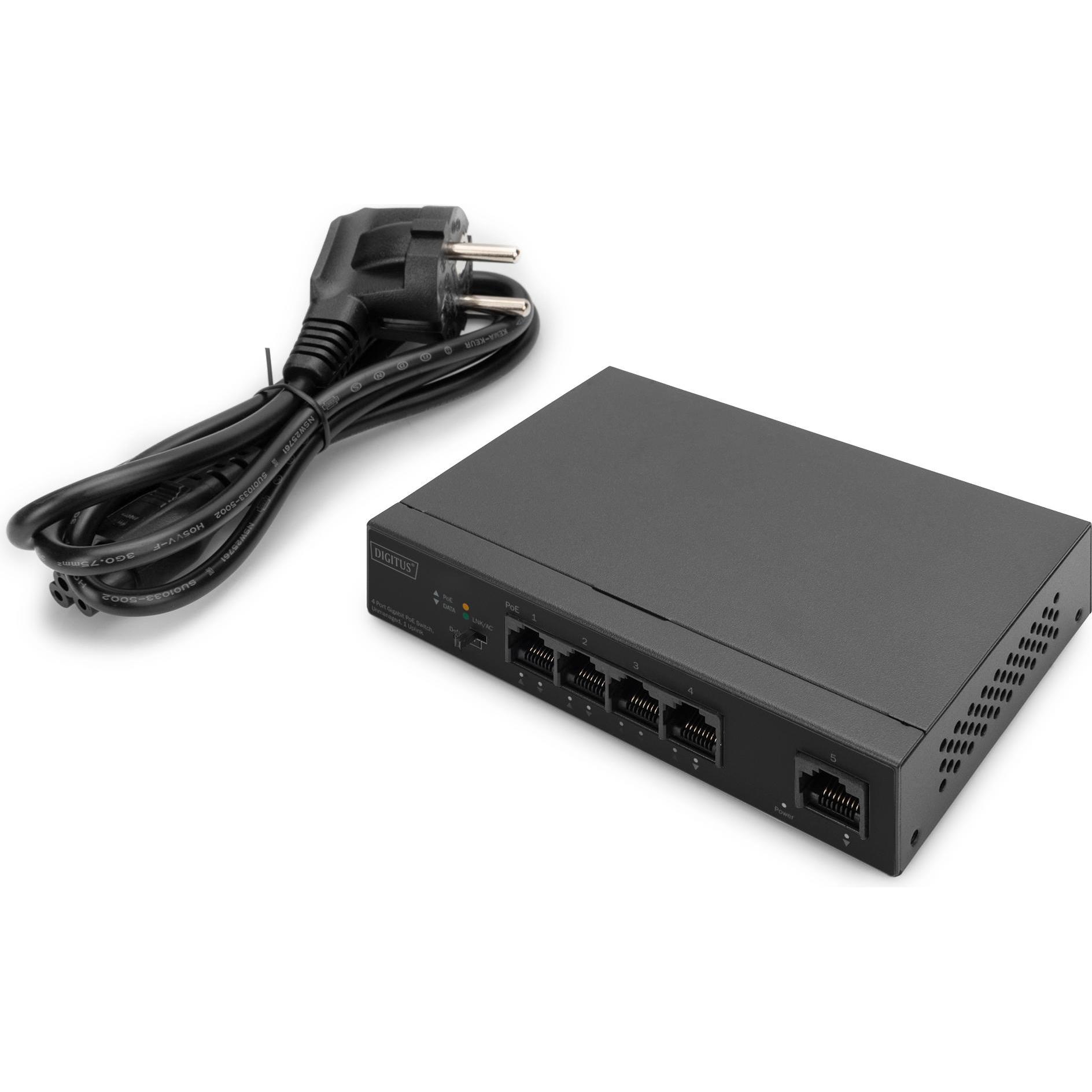 Digitus Switch Gigabit Ethernet PoE 4 porte PoE + 1 porta uplink, budget PoE 60W (4 porte), Switch di rete, Nero