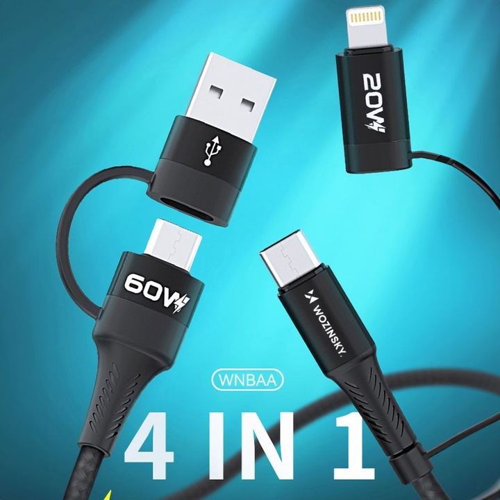 Produktbild Wozinsky WNBAA 4in1 Kabel 2x USB-C 1x USB-A 1x Lightning 60W 1 m - Schwarz (1 m, USB 2.0)