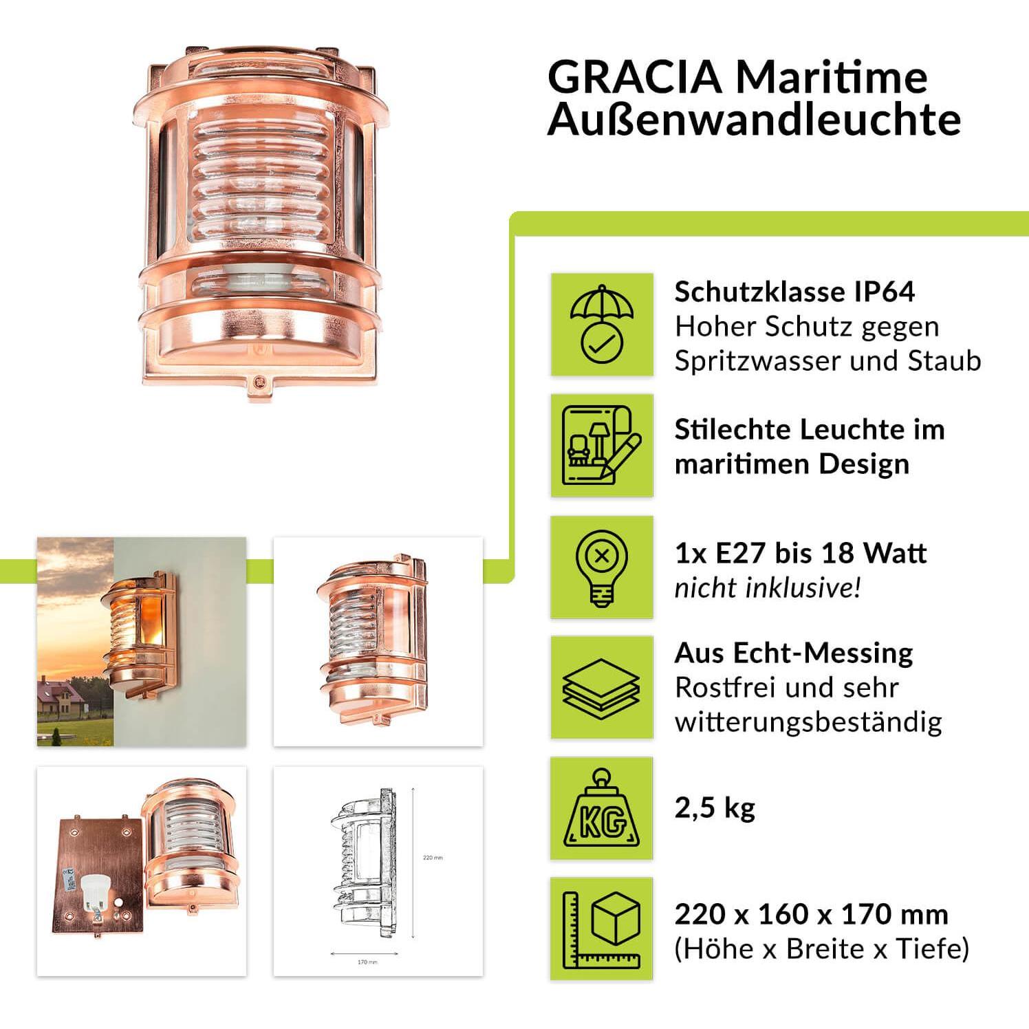 Thumbnail - Licht-Erlebnisse, Gartenbeleuchtung, Wandlampe Gracia Messing (E27, IP64)