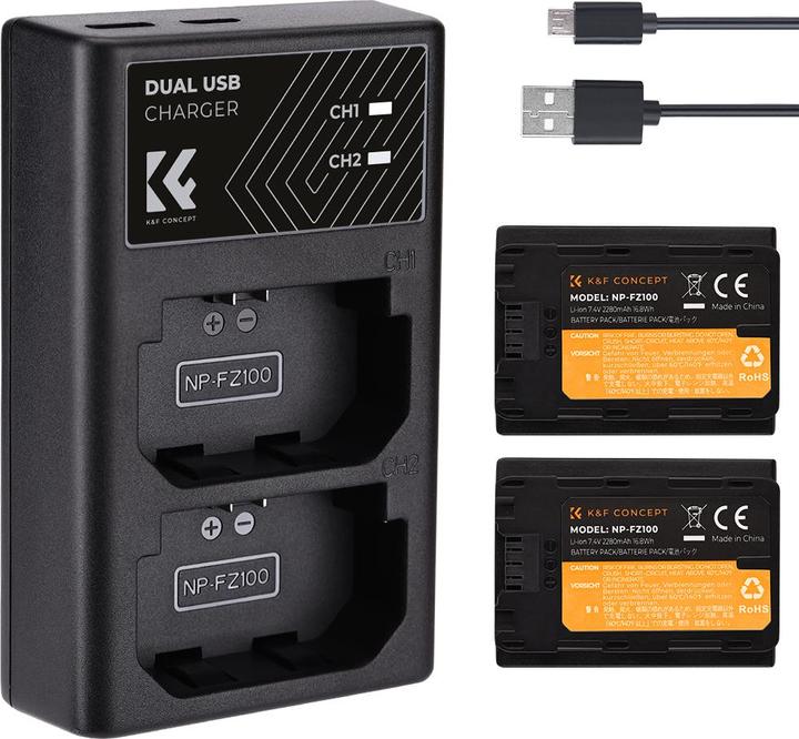 Produktbild K&F Concept FZ100 2280mAh Digital Camera Dual Battery with LED Dual Channel Charger, for Sony Camera (Kamera Akku)