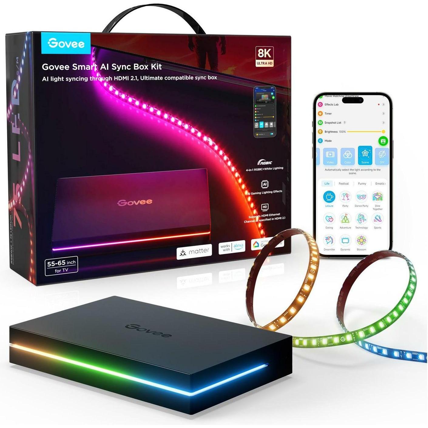 Govee, Striscia LED, AI Sync Box Kit 55-65 (Multicolore, RGB, 360 cm, Interno)