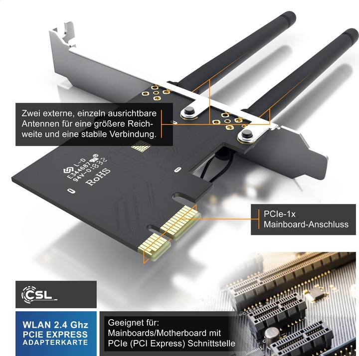Produktbild CSL WLAN Netzwerkkarte 2,4 Ghz PCIe, 300 Mbit/s WiFi Adapter Karte mit 2x Externen Antennen (Mini PCI Express)