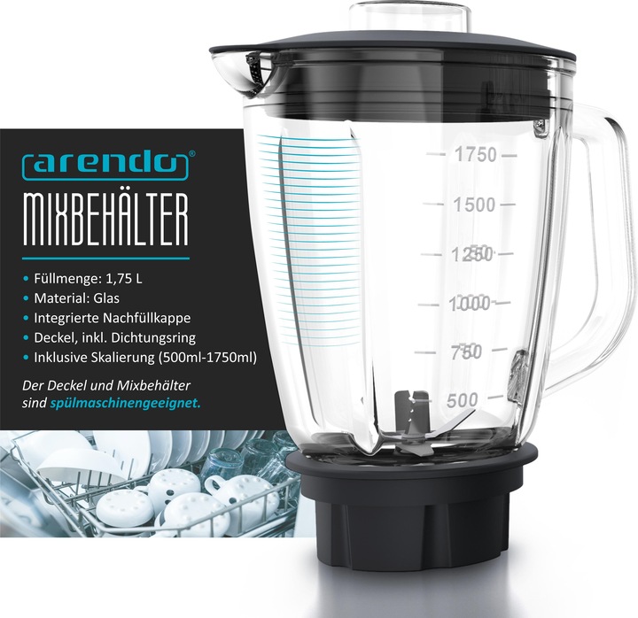 Produktbild Arendo Edelstahl Standmixer 1400 W, Power Mixer, 1,75l Glasbehälter, Blender, Hochleistungsmixer, grau (1400 W)
