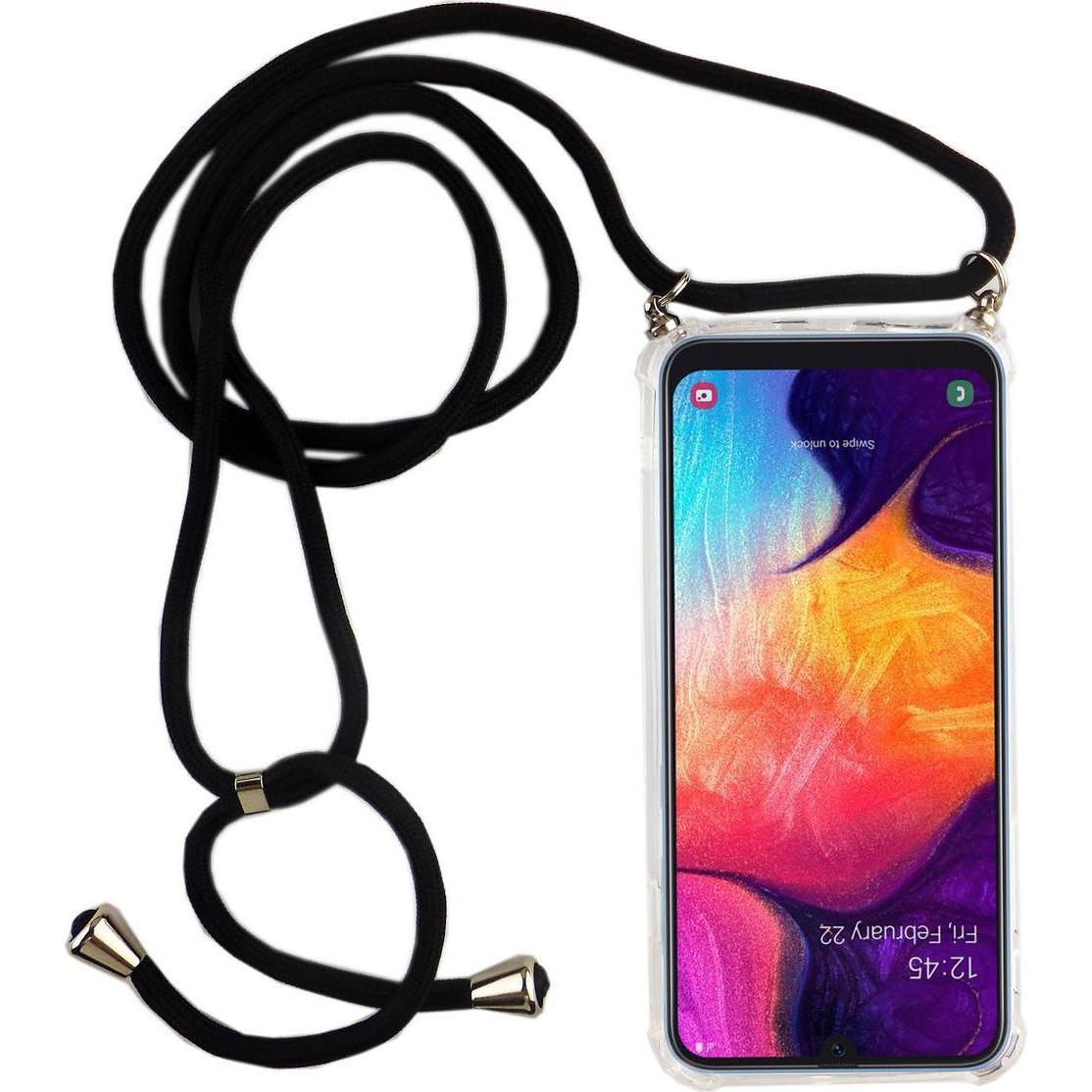 König Design Handykette für Samsung Galaxy A50 Hülle Band Case zum umhängen Kordel Schwarz, Handykette, Transparent
