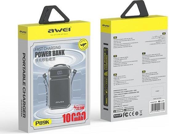 Produktbild Awei PowerBank P89K 10000mAh 38,5W czarny/black + kable PD/Lightning (10000 mAh, 22 W, 38.50 Wh)