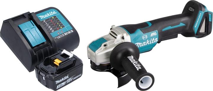 1x smerigliatrice angolare a batteria Makita DGA 520, 1x impugnatura laterale 36 cpl. (158237-4), 1x coperchio di protezione 125 mm (347618-9), 1x batteria ricaricabile Makita BL 1830 B 18 V 3.0 Ah, 1x caricabatterie Makita DC 18 SD