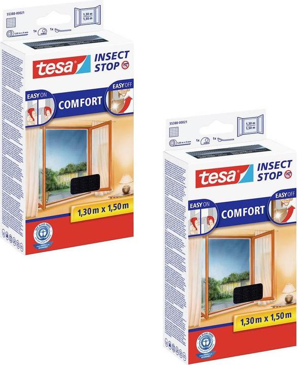 Produktbild tesa 2x Insektenschutz COMFORT für Fenster, mit Klettband, selbstklebend, ohne Bohren (130 x 150 cm)