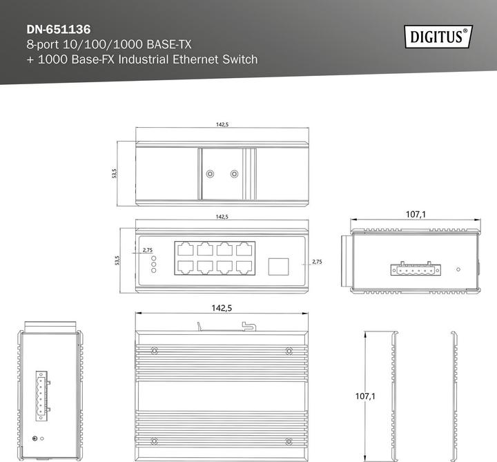 Produktbild Digitus 8-port 10/100/1000BASE-TX+1000Base-FX Industrial Ethernet Switch (8 Ports)