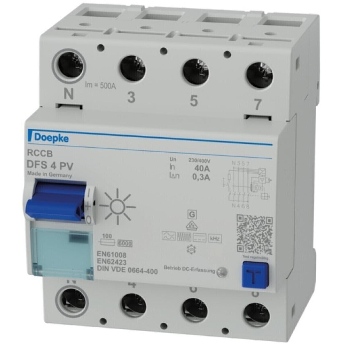 Doepke, Schutzschalter, FI-Schutzschalter B+ 4p 400V 40A 0,3A 4TE REG 6kA 3kA/stoss
