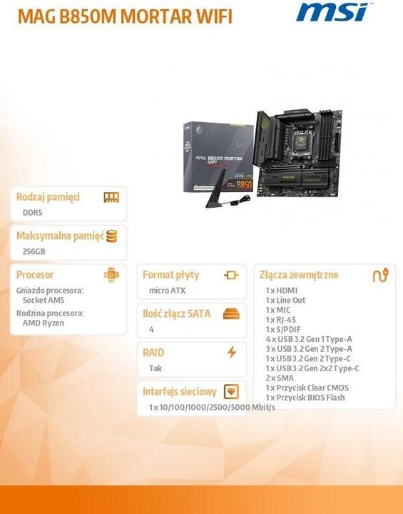 Produktbild MSI MAG B850M Mortar WiFi (AM5, AMD B850, mATX)