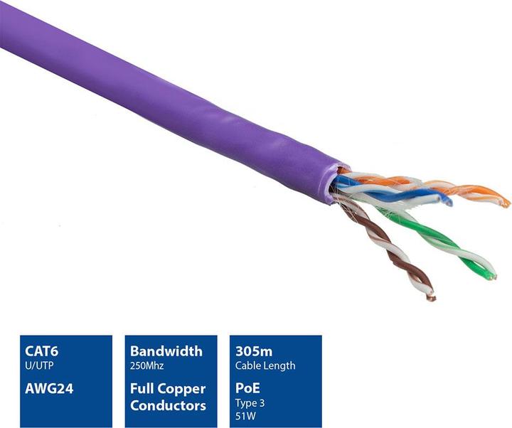 Produktbild ACT Cat 6 U/UTP solid installation cable without pair splitter, LSZH, CPR euroclass DCA, 24AWG, violet 3 (U/UTP, CAT6, 305 m)