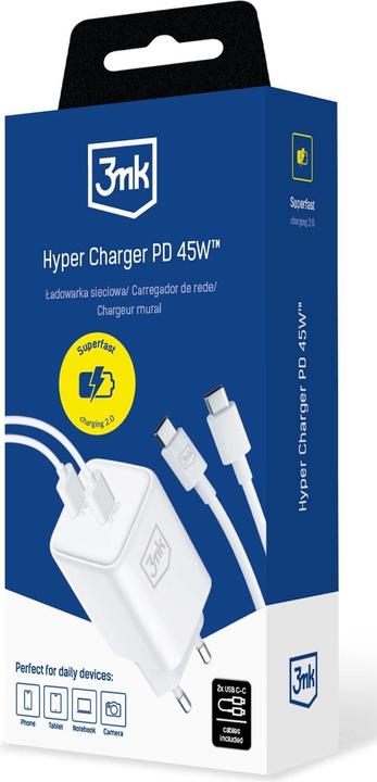 Productafbeelding 3MK Hyper Charger PD 45W ład. sieć. biała/wit + 2x USB-C Kabels (45 W)