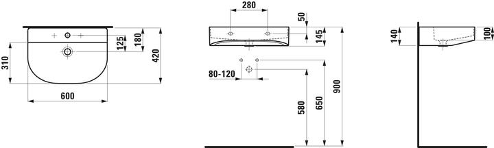 Produktbild Laufen Sonar Waschtisch unterbaufähig, 3 Hahnlöcher, mit Überlauf, 600x420mm, H810342 (420 mm, 600 mm)