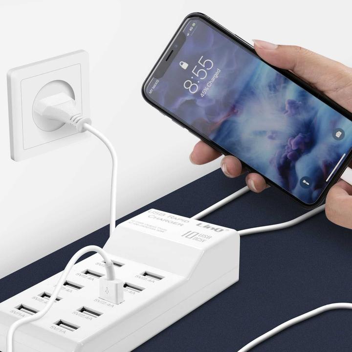 Produktbild LinQ 50W Ladegerät mit 10 Quick Charge USB Anschlüssen kompaktes Design – Weiss (50 W)