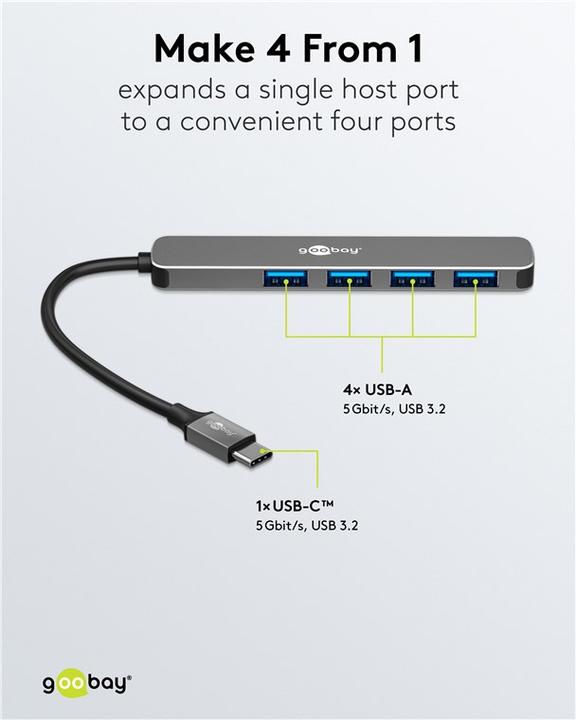 Immagine prodotto Goobay Slim 4-Port USB-Hub, USB-C auf USB-A, 5 Gbit/s (USB-C, 4 porte)