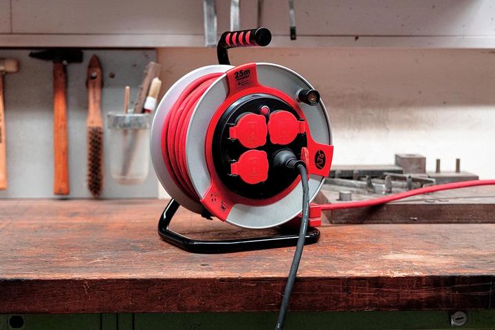 Actual product image REV Cable reel EX 25 m H07RN IP44 3000W with sanding contact outdoor 4 earthed sockets red (25 m)