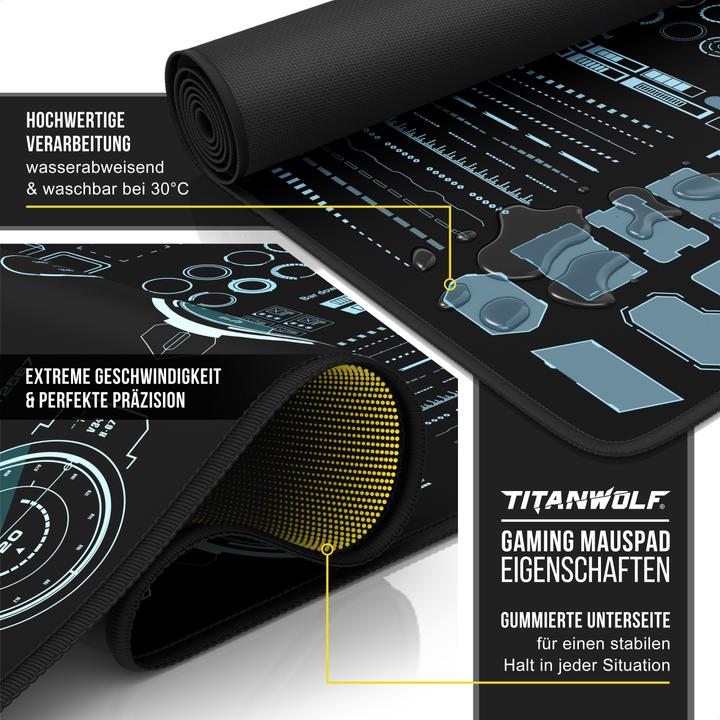 Produktbild Titanwolf Gaming Mauspad, 900 x 400mm XXL Speed Gaming Mausmatte, Mousepad Extragrosse Fläche, HUD Future (XXL)