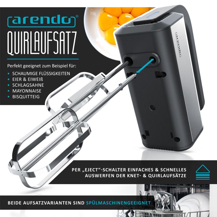 Produktbild Arendo Handmixer, Handrührgerät, 5 Geschwindigkeiten, inkl. 2 Rührbesen & 2 Knethaken, Handrührer 350 W (350 W)