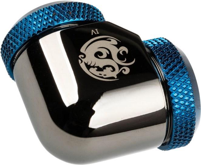 Actual product image Bitspower Adapter 90 degree 12mm AD hardtube to 12mm AD hardtube - black shiny/blue