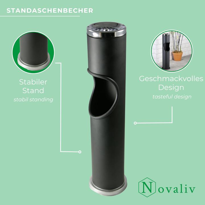 Produktbild Novaliv Standaschenbecher für draussen Schwarz 46,5cm hoch 9,5cm Ø 2in1 für Müll- und Zigarettenabfäl