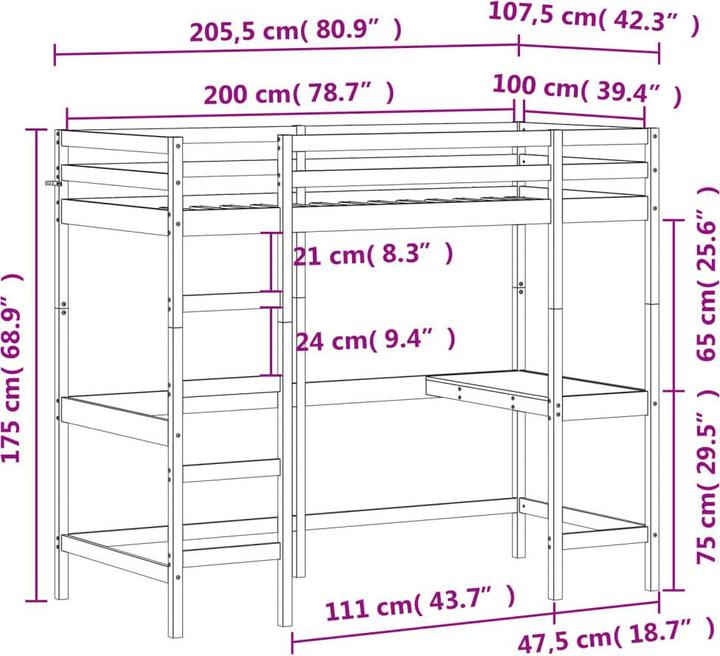 Image du produit vidaXL Lit superposé avec bureau (100 x 200 cm)