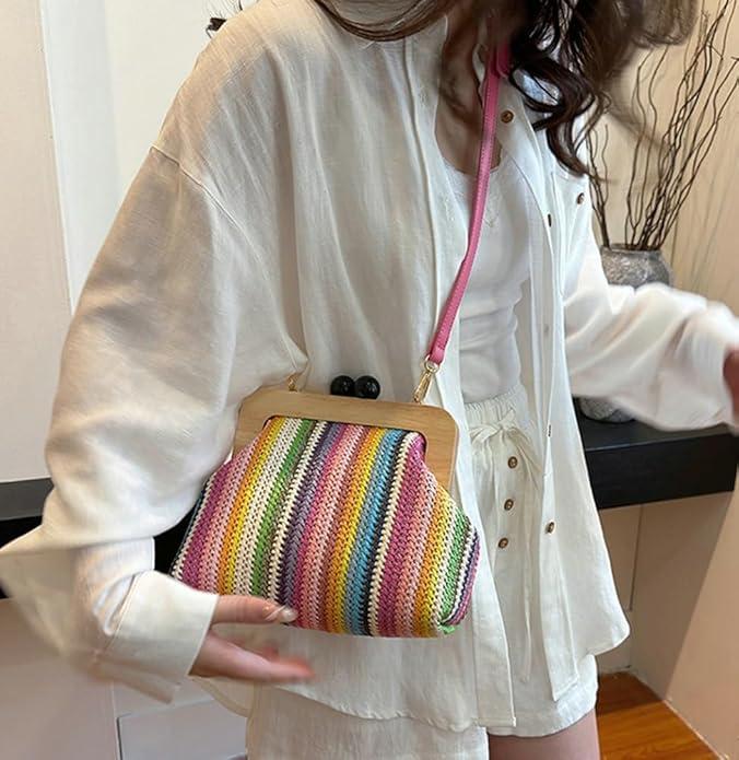 Actual product image Only-Bags.Store Vintage woven crossbody bag, colourful striped shell clutch, wooden snap fastener