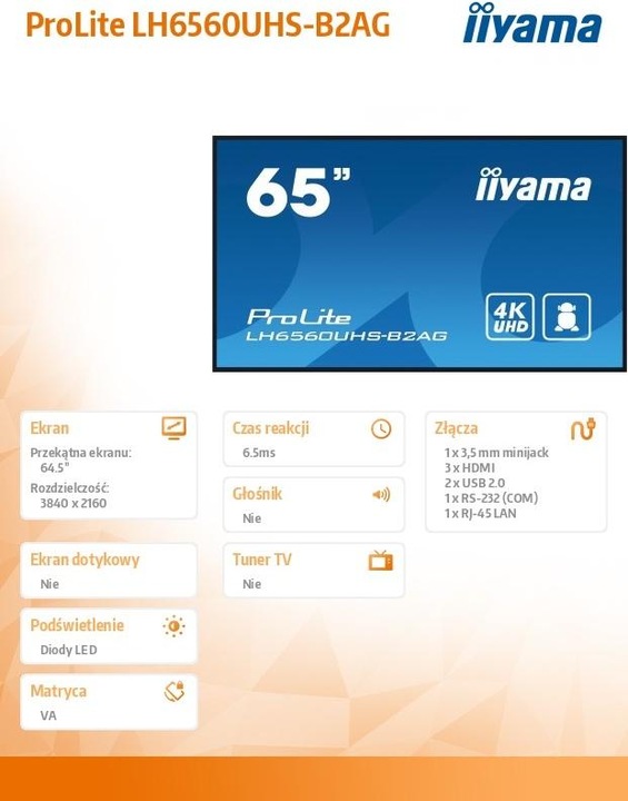 Label énergétique iiyama LFD ProLite LH6560UHS-B2AG (3840 x 2160 pixels, 65")