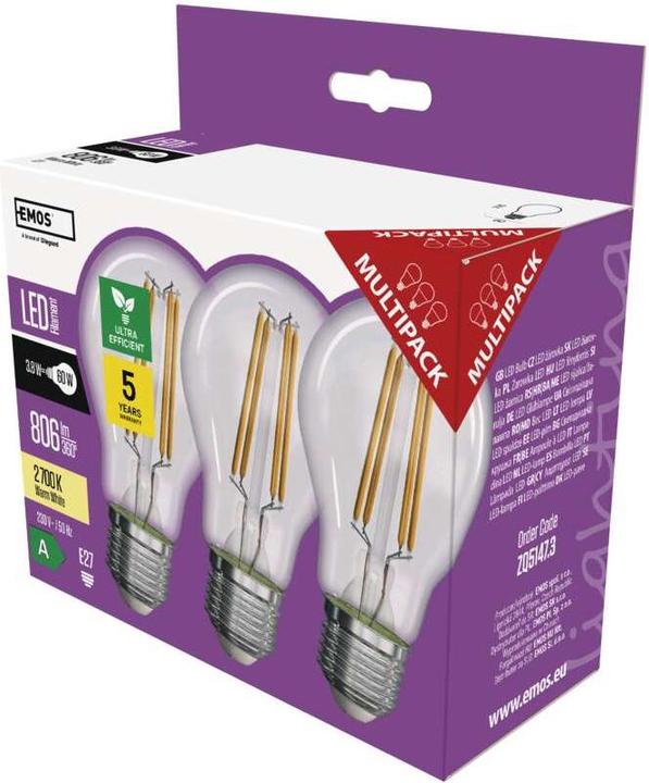Actual product image Emos LED????rovka A60/E27/3,/60W/806lm/tepl?? b??l??,3ks (E27, 3.80 W, 806 lm, 3 x, A)