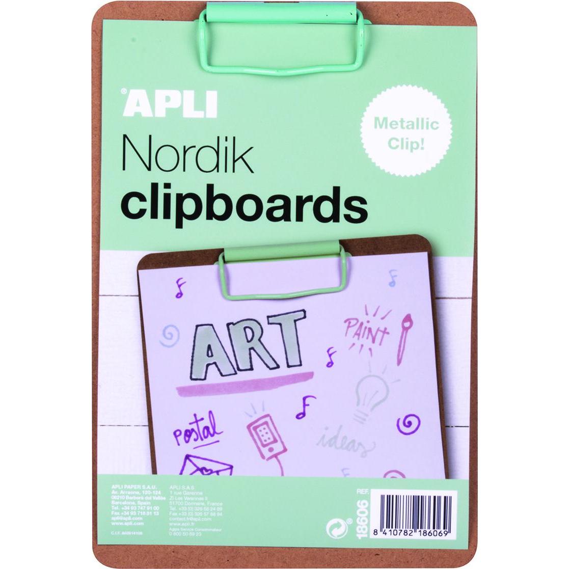 Apli, Unterlage, Klemmbrett nordik, a5-brett, holz, mit metallklammer, pastellgrün