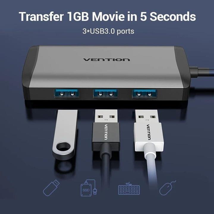 Actual product image Vention USB-C Docking Station to HDMI, 3x USB3.0, RJ45, PD 0.15m CNCHB, grey (USB-C, 6 ports)