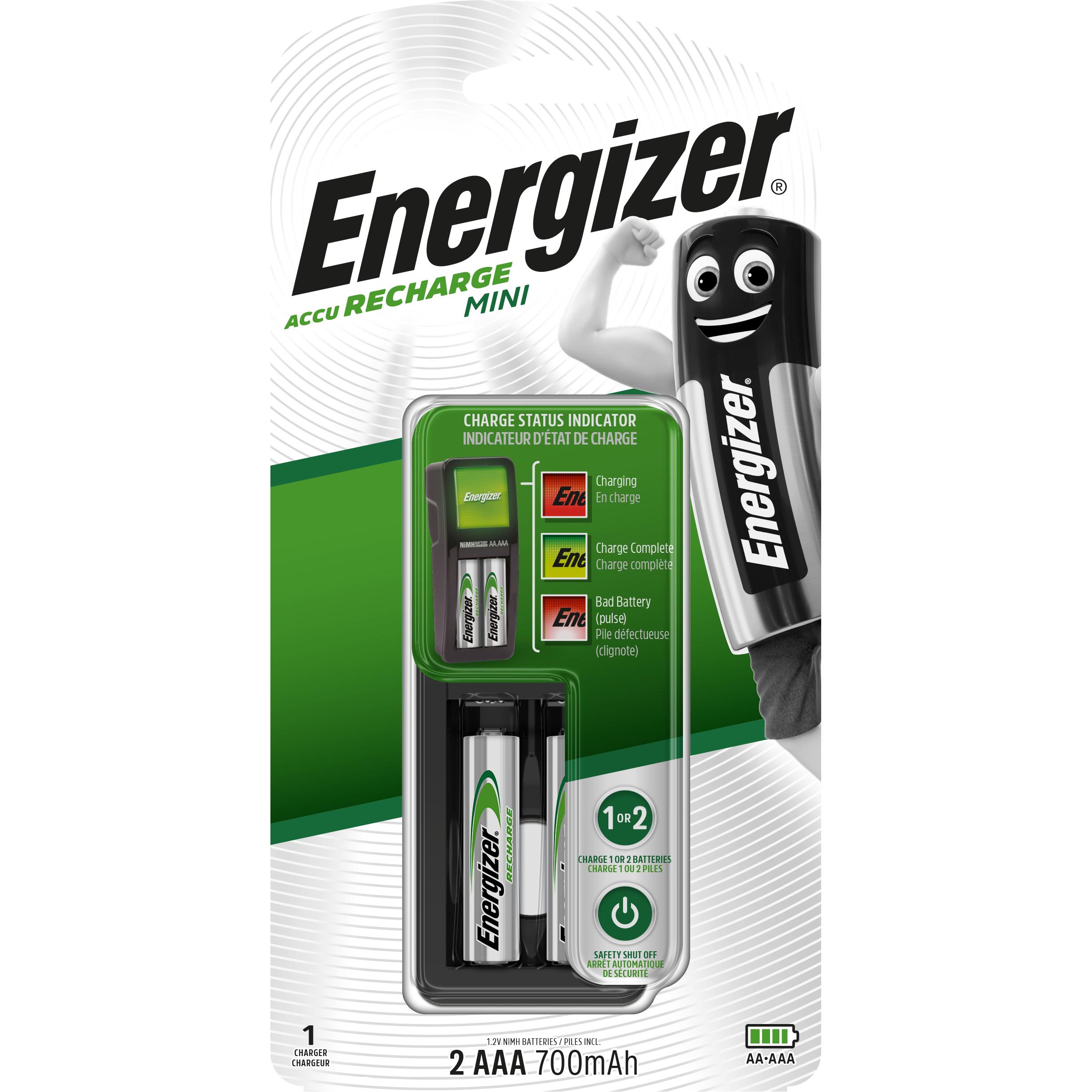 Energizer Accu Recharge Mini (3 Stk., AAA, 700 mAh, Ladegerät inkl. Akku), Akku Ladegerät