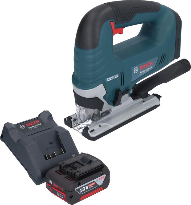 1x Bosch GST 18V-125 B Professional Scie sauteuse sans fil, 1x Bosch GBA 18 V / 4 Ah / 4000 mAh batterie Li-Ion, 1x Bosch GAL 18V-20 Chargeur de batterie, 1x lame de scie sauteuse T 144 D, 1x Kit d'aspiration (1 619 P17 472), 1x protection contre la déchirure des copeaux (2 601 016 065), Vitesse pour le bois (2 608 630 560)