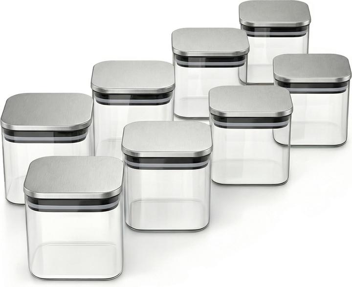 Arendo Glasbehälter Set 8er 8×0,8 L Borosilikatglas, Edelstahldeckel mit Silikonring, mikrowellengeeignet (0.80 l)
