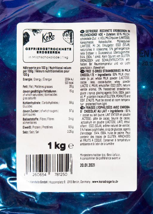 Nährwerte und Zutaten KoRo Gefriergetrocknete Erdbeeren in Milchschokolade (1000 g)