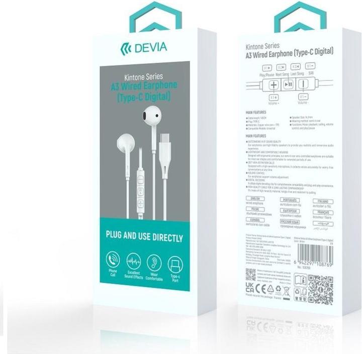 Immagine prodotto Devia auricolari cablati Kintone A3 Digital USB-C bianco (Cablato)