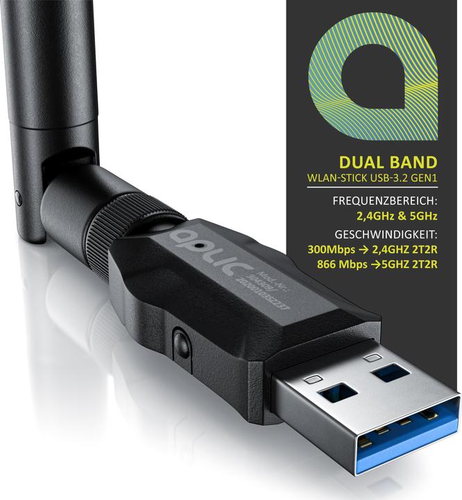 Produktbild Aplic WLAN Stick, WIFI Adapter 1200MBit/s, 2,4Ghz + 5Ghz Dual Band, 5 dBi externe Antenne, USB 3.2 Dongle (USB-C 3.2 Gen 1)