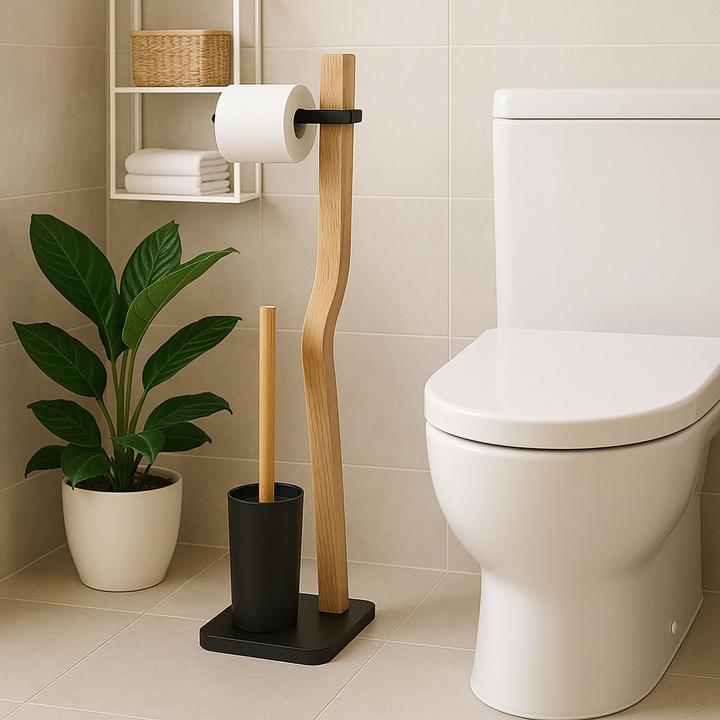 Produktbild Relaxdays - WC Garnitur Holz & Metall, Schwarz/Hellbraun, 78,5 x 23 x 18 cm