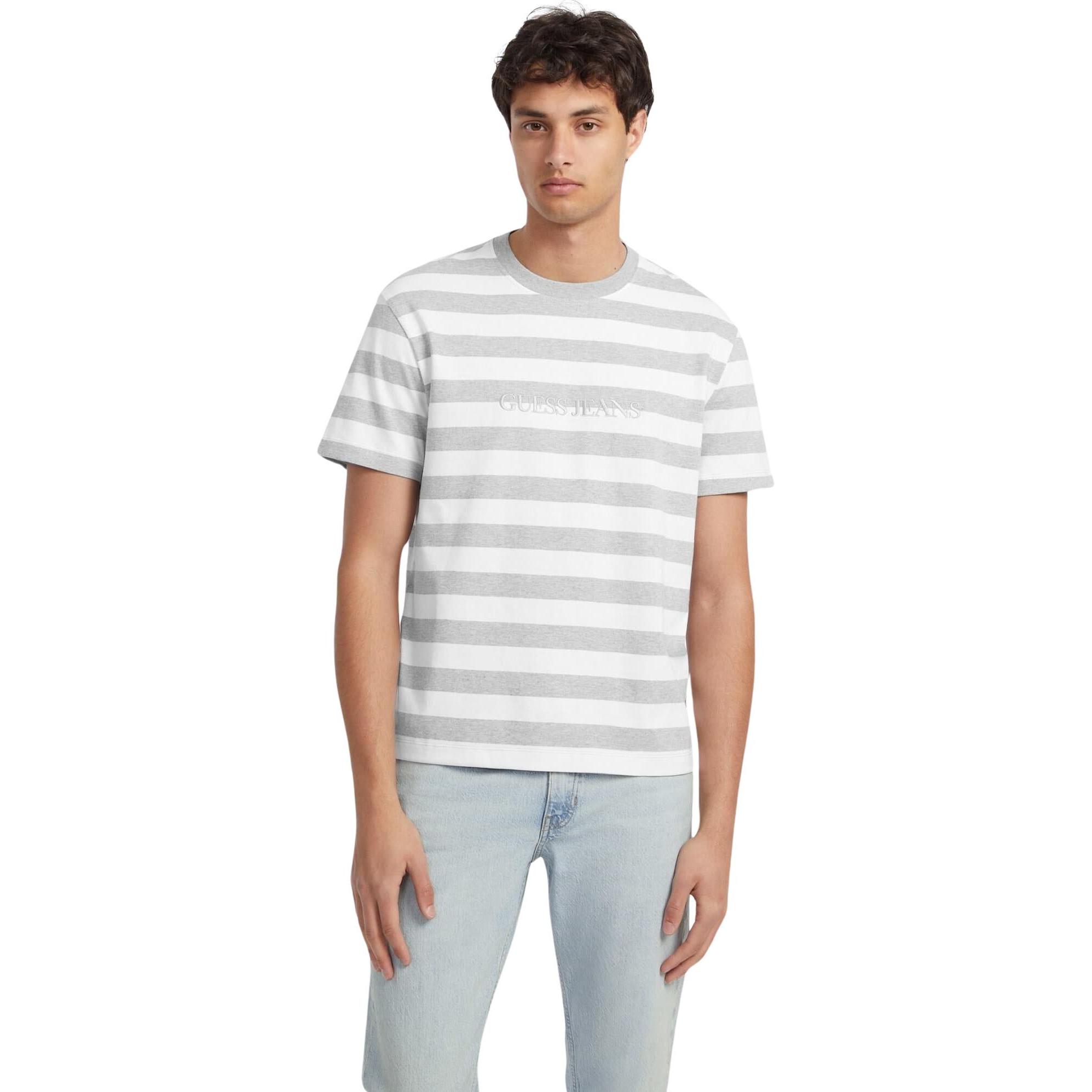 Guess, Herren, Shirt, gestreiftes t-shirt it logo, Weiss, Grau, (M)
